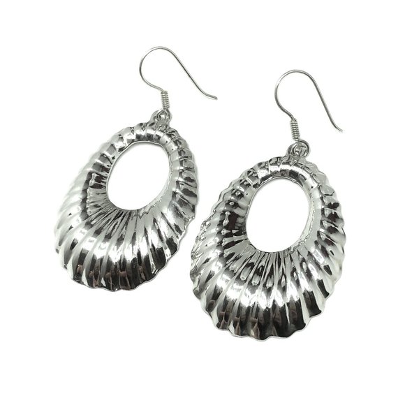 BoHo Bling Womens Earrings Sterling Silver Ribbed Oval Design | Blingschlingers - Picture 1 of 6